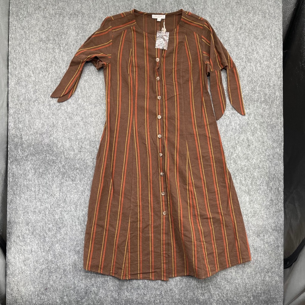 Blu Pepper Day to Day Brown Striped Button Down Tie Sleeve Midi Dress Small